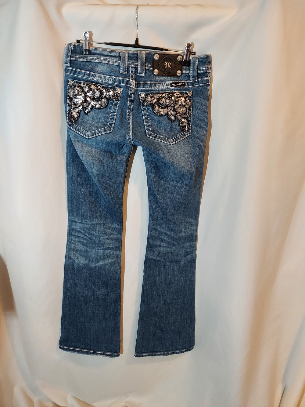 Miss Me Mid-Rise Bootcut Jeans with Heavy Sequin & Rhinestone Pockets - 27"
